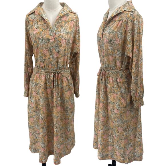 Vintage Dresses & Skirts - Vintage 70s Floral Print Shirtdress Long Sleeve Tie Waist Blouson Midi Dress M